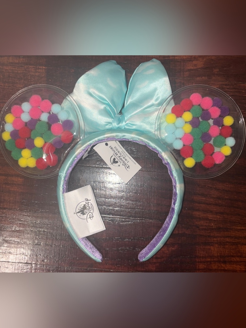 Grape Soda Pom Pom Ear Headband - Pastel Aqua Bow - Picture 3 of 3